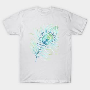 Turquoise Peacock Feather on White T-Shirt